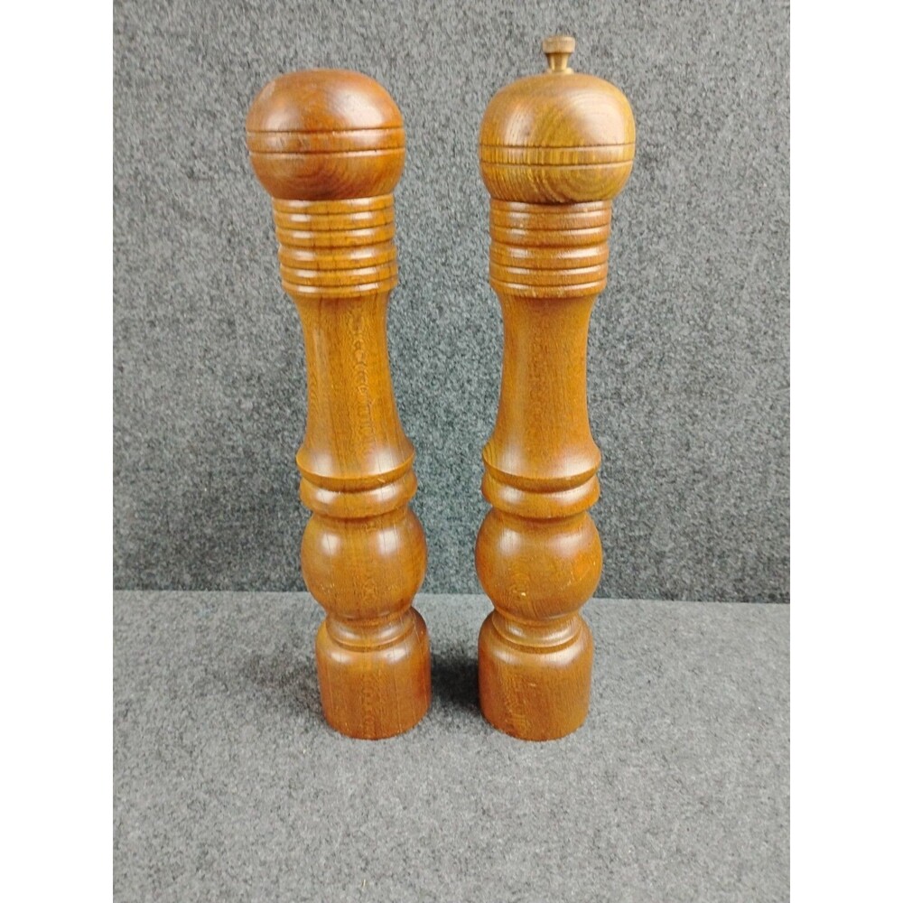 Vintage Wood Pepper Mill Grinder and Salt Shaker Set Japan 10.5" Tall